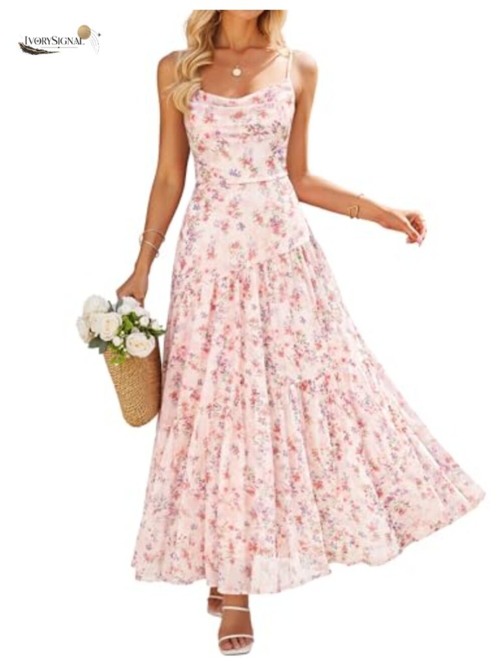 Women's Mesh Floral Maxi Dress Sleeveless Cowl Neck Wedding Guest